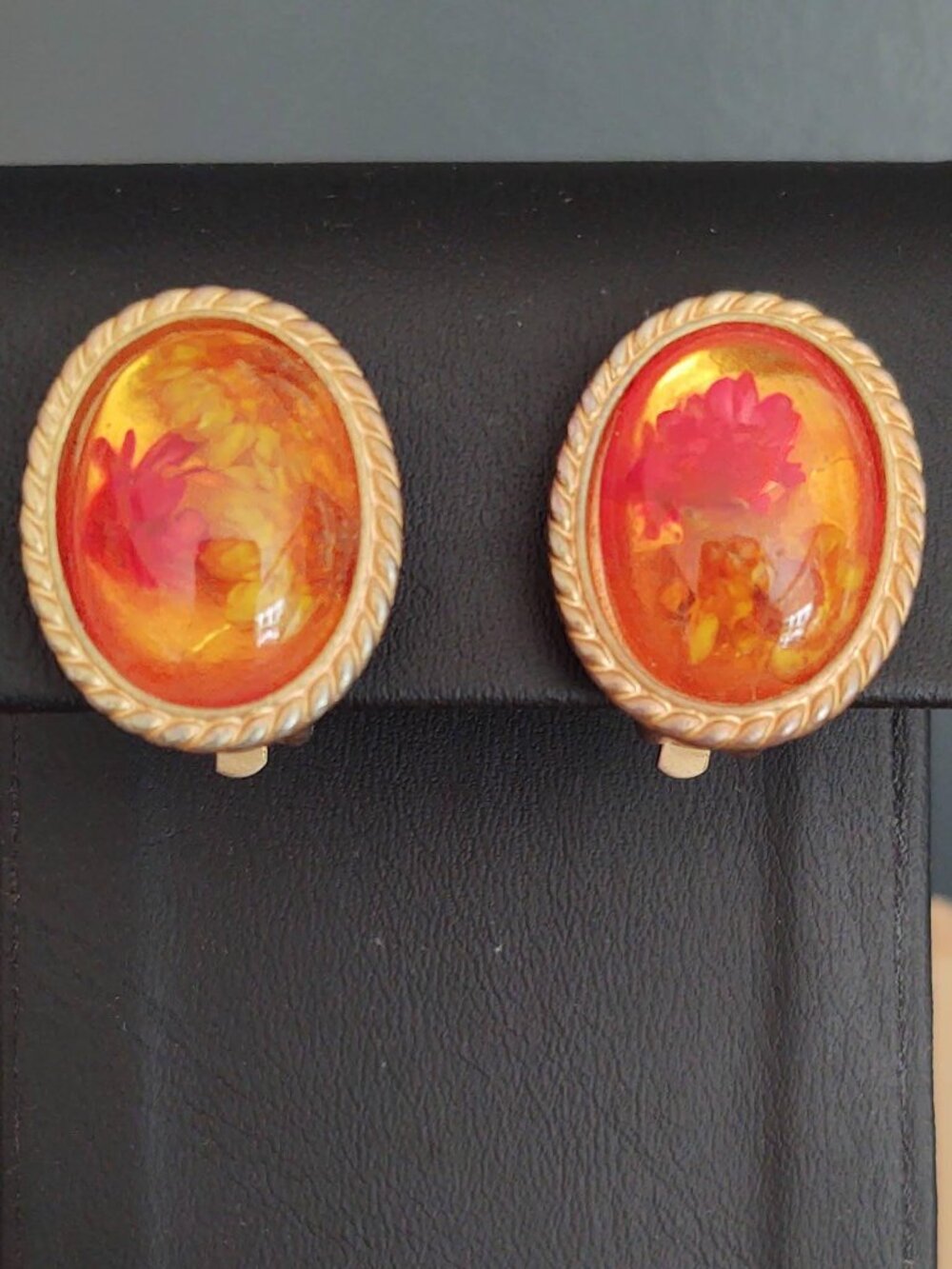 Vintage picture frame clip on earring with dried flowers